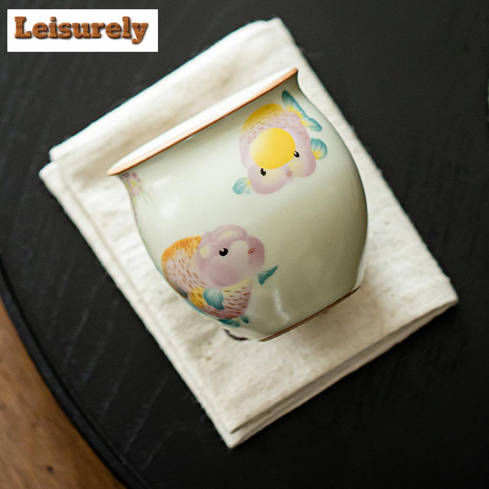 2pc/set Cream Ru Kiln Ceramic Tea Cup Chinese Goldfish Koi Fish Master Cup Tasting Egg Tea Bowl Chinese Kung Fu Teaset 90ml