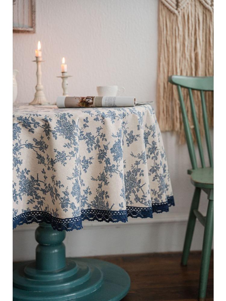 Tablecloth Blue Rose Print Dining Table Cloth Round Fabric Retro Small Round Table Suitable for Holiday Dining Rooms,  Picnics, Outdoor Camping