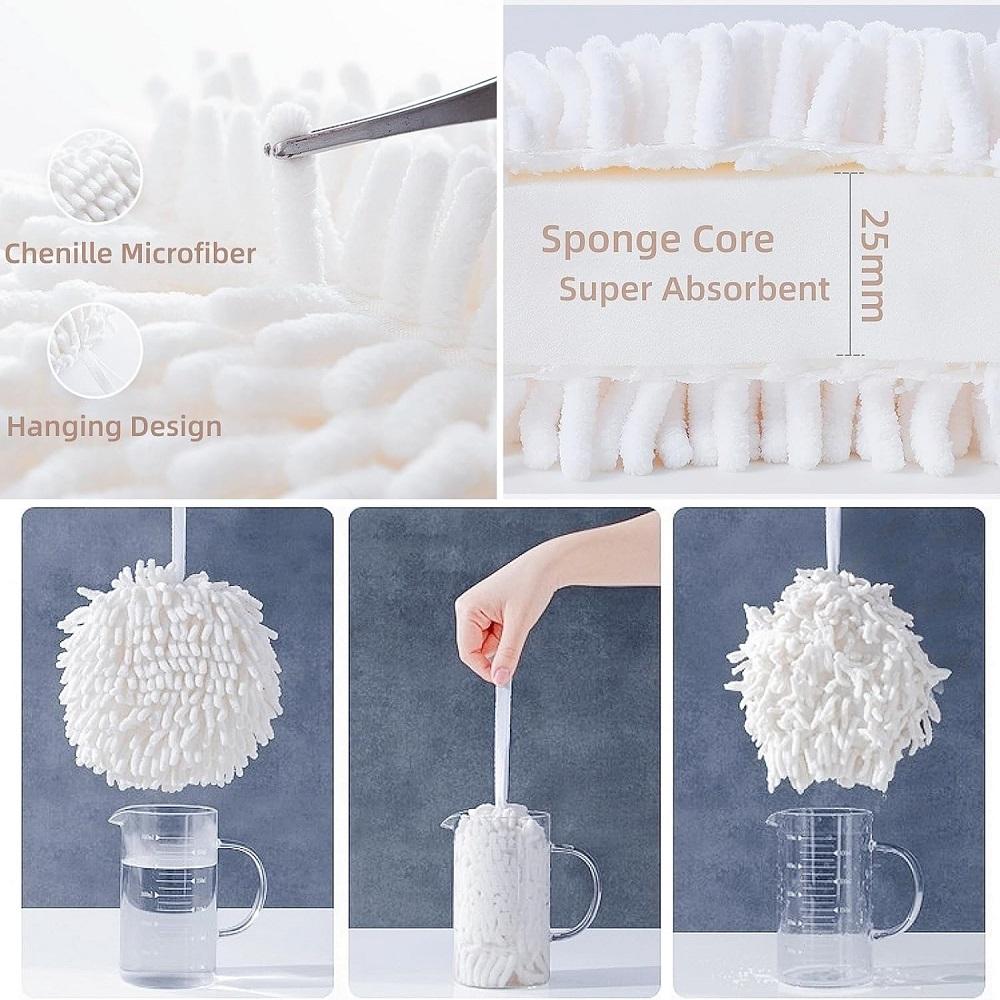 2PC Wipe Hands Towel Ball with 2 Hooks Super Absorbent Health Microfiber Chenille Soft Towels Bathroom Kitchen Supplies