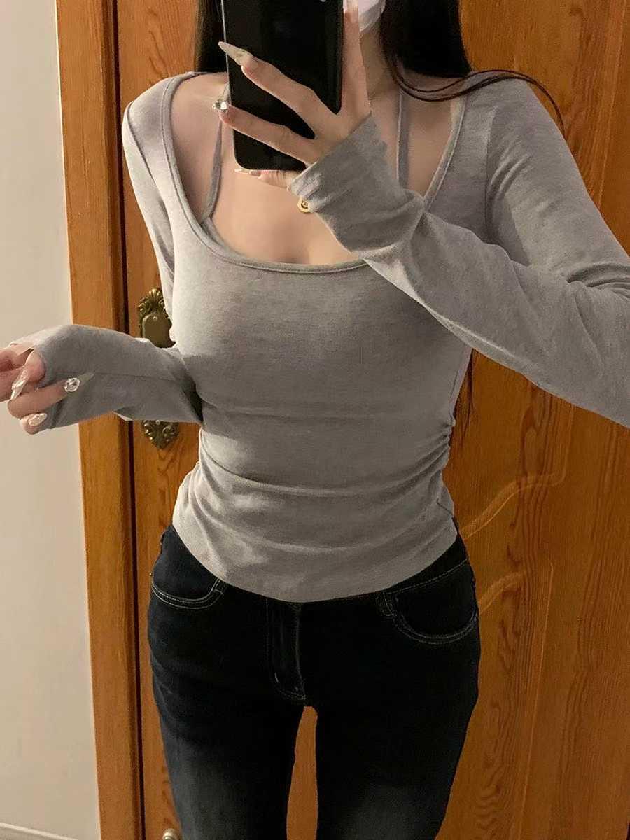 Women s Slim Fit Halter Neck Long-Sleeve Top with Chest Pad and Layered Look for Autumn/Winter 2025 One Size серый