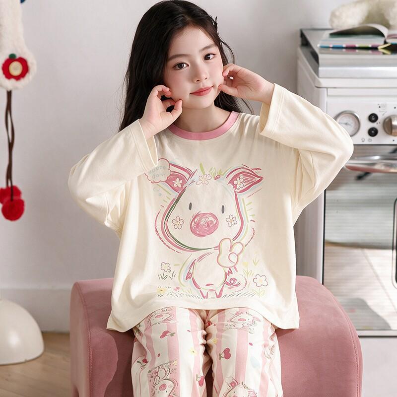 100% Cotton Girls Long Sleeve Pajamas Set Cartoon Print Round Neck Sleepwear Kids 8 Years