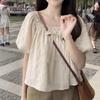 Thin French Style Short Sleeved Shirt for Women In Summer Loose Artistic Square Neck Bubble Sleeve Short Top