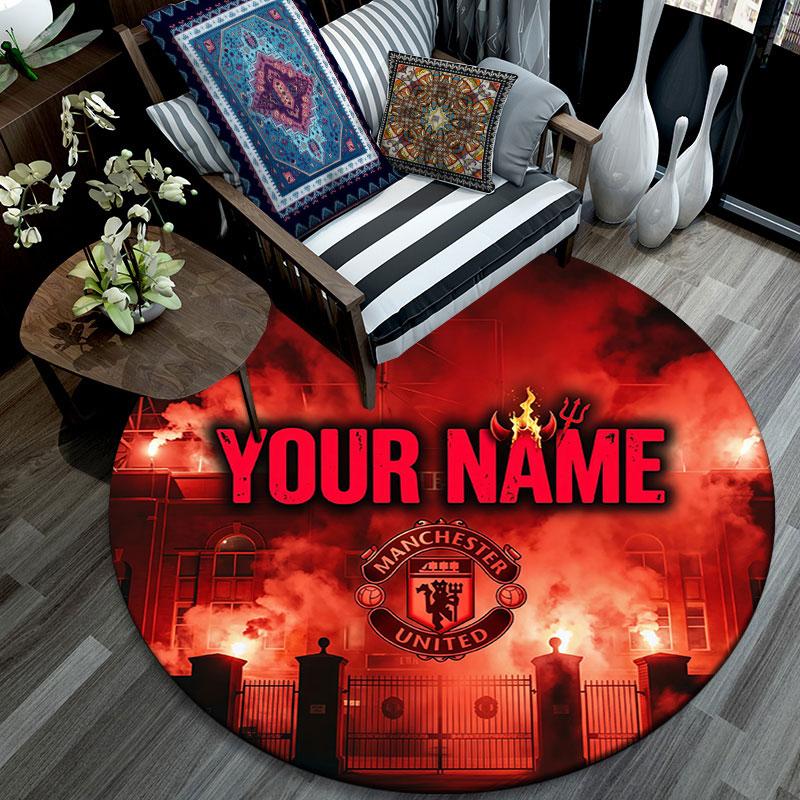 Custom Name,Manchester United FC pattern round rug,Carpet Rug for Living Room Bedroom Playroom ,Non-slip Floor Mat,Holiday Gifts and Birthday Gifts.