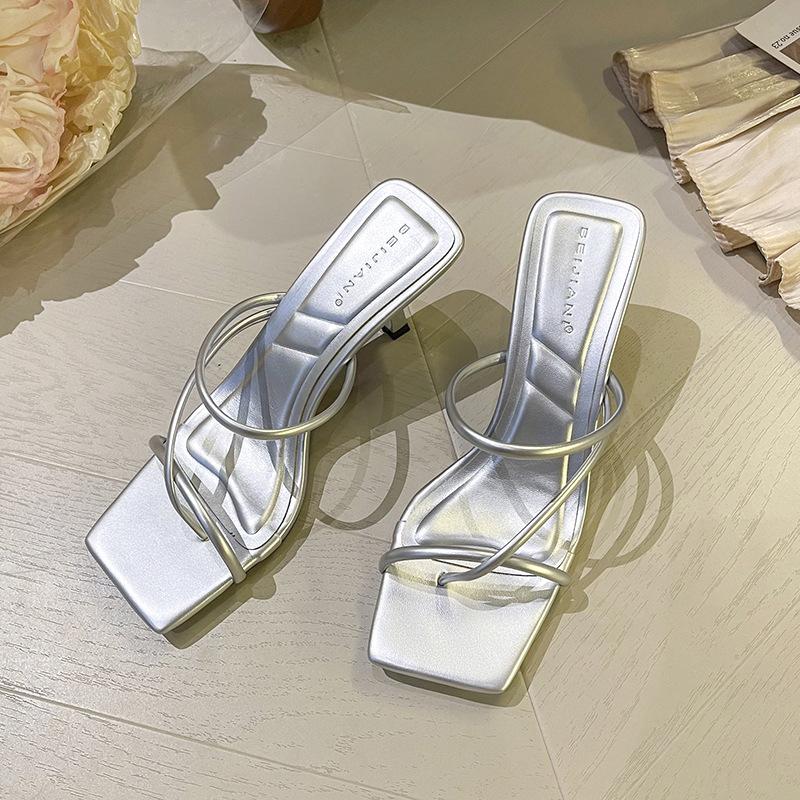 

Sexy leopard print cross belt~ Simple temperament square head open-toed high-heeled cool slippers women s dress summer 40 серебряный