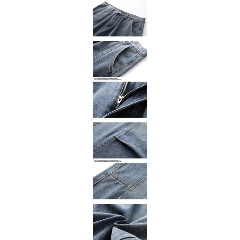 Men's Washed Blue Baggy Jeans Wide Leg Denim Pants with Side Utility Pockets