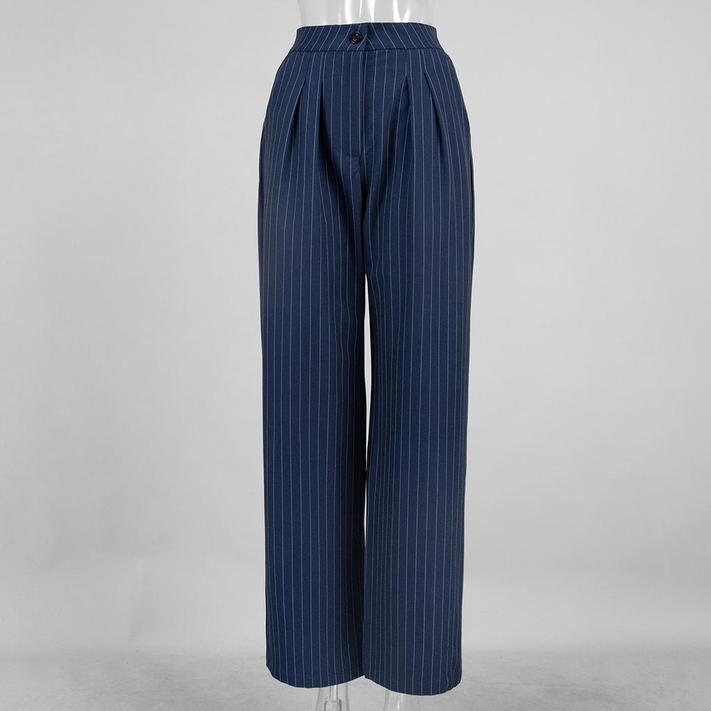 Straight Striped Trousers With Wide Legs, Loose Fitting Suit Pants For Women