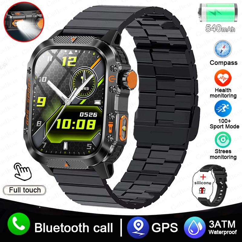 New Military Outdoor GPS Smart Watch Men LED Flashlight Compas Bluetooth Call 2.01" Screen 5ATM Waterproof Sports Smartwatch