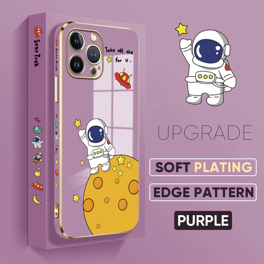 For iPhone 16 15 Max Samsung S24 S23 Plus A15 A35 A53 A73 Xiaomi 11T 12T 13T Redmi 13C Soft Plated TPU Cartoon Astronaut Phone Casing