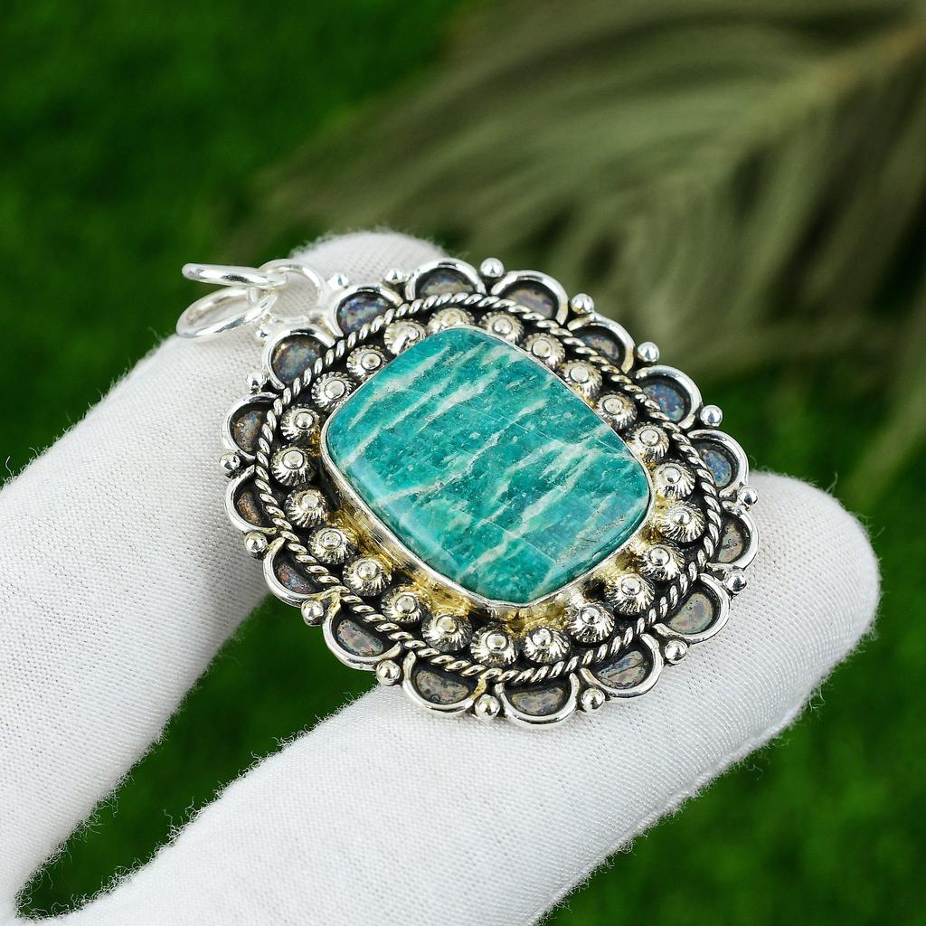 925 Silver Radiant Natural Amazonite Sister Handcrafted Bezel Art Deco Pendant