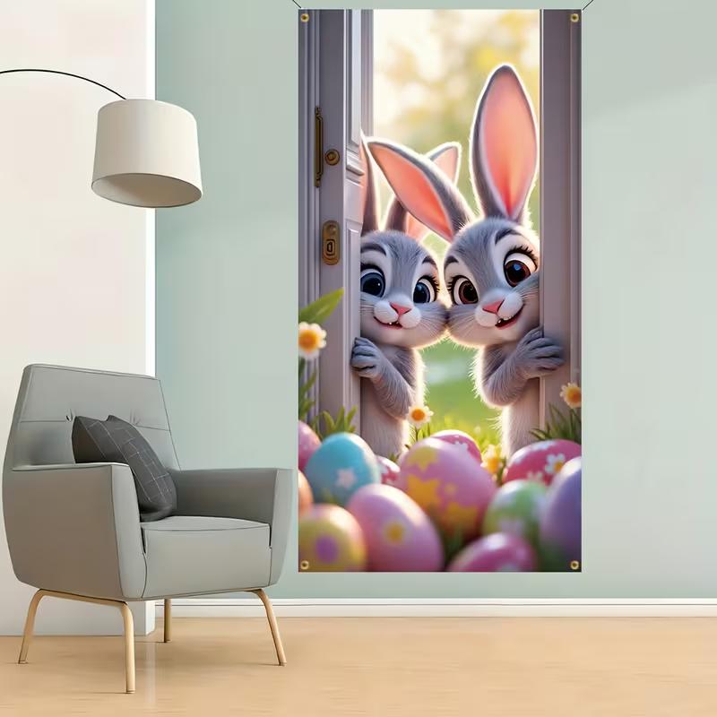 2D Easter Bunny Door Cover, Cute Peeking Rabbits & Eggs Home Decoration