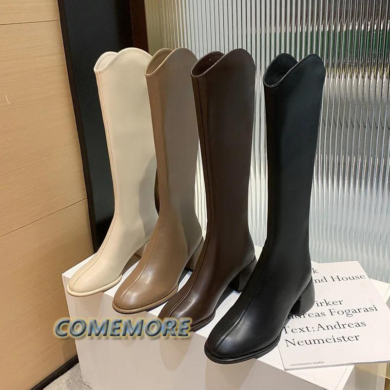 Fashion 2025 Fashion Women‘s Boots Soft Leather Knee High Boots Women Zipper Female Square Heel Woman Shoes Autumn Winter Knight Boot PU