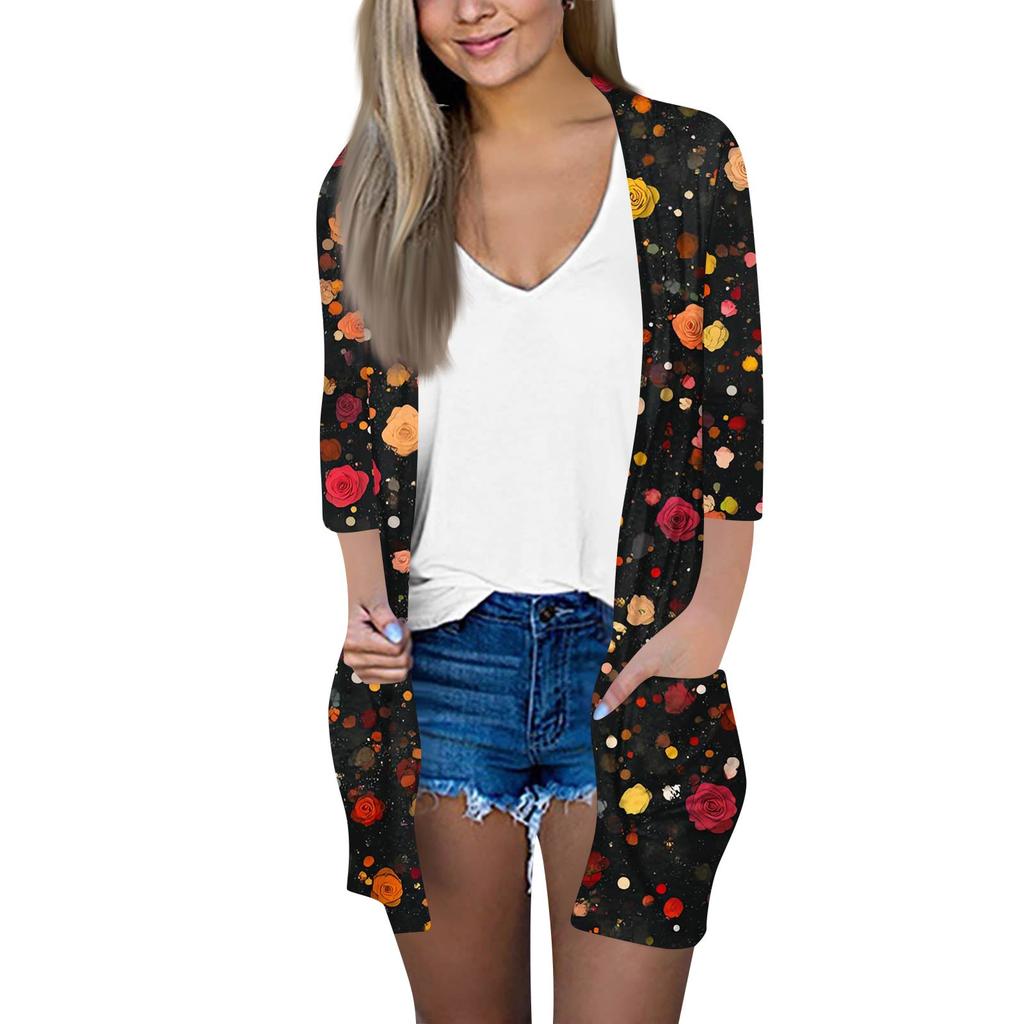 Women's Fashion Loose Casual Pocket Printed Cardigan Seven Sleeve Jacket Top