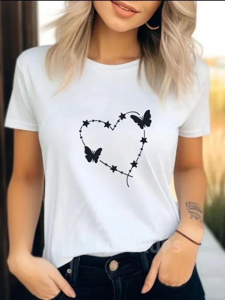 Fashion T-shirt Cute Flowers Graphic Printed Female T Shirt Casual Harajuku Crew Neck Ladies Tops