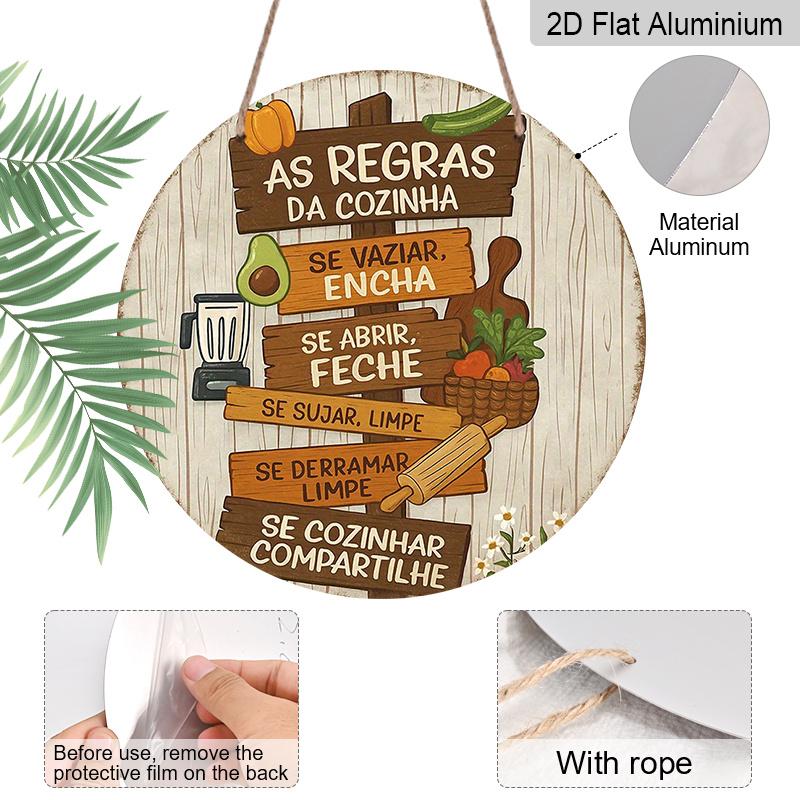 2D Flat, 1pc Vintage Round Metal Aluminum Sign, Portuguese "As Regras Da Cozinha" - 7.87x7.87 Inches Funny Kitchen Rules Design, Retro Rustic Wall
