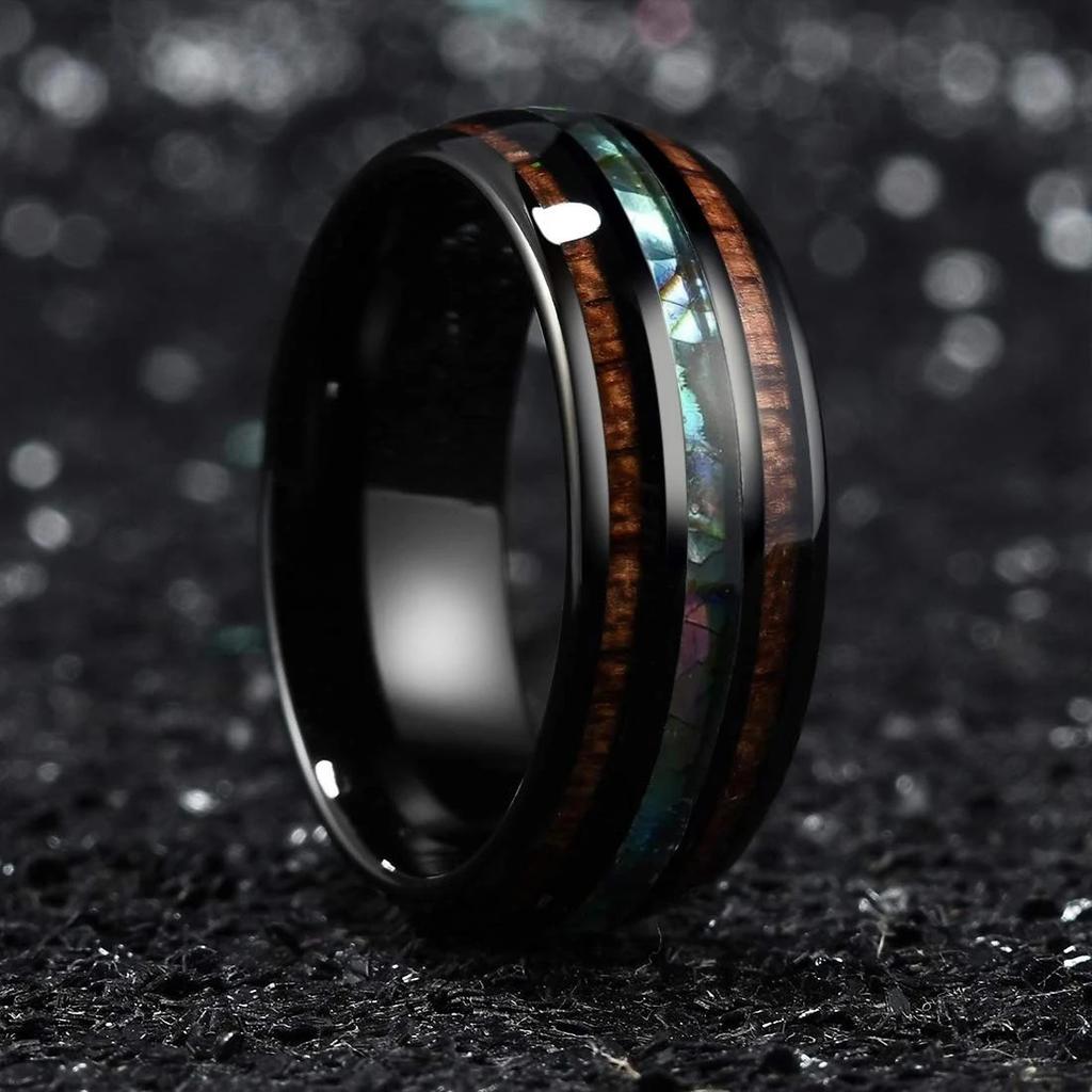 Fashion 8mm Men Black Stainless Steel Rings Hawaiian Koa Wood Inlay Abalone Shell Rings For Men Women Wedding Band  Gifts