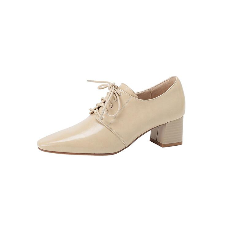 Fashion NEW Spring/Autumn Women Pumps Square Toe Chunky Heel Shoes Concise Split Leather Shoes for Women Lace-up Handmade Women Shoes