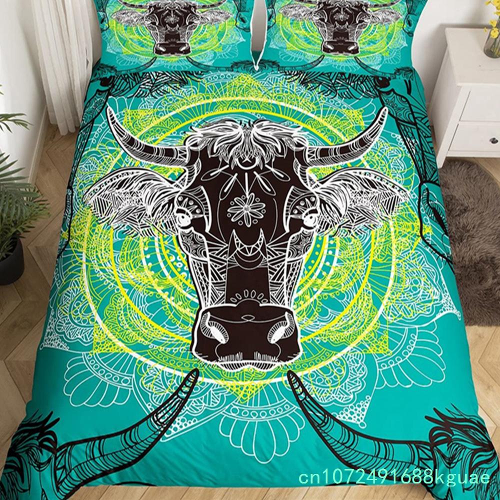 Farm Animal Duvet Cover Set Single King Queen Bohemian Mandala Bedding Set Microfiber Deer Bull Head Cow Skull Comforter Cover