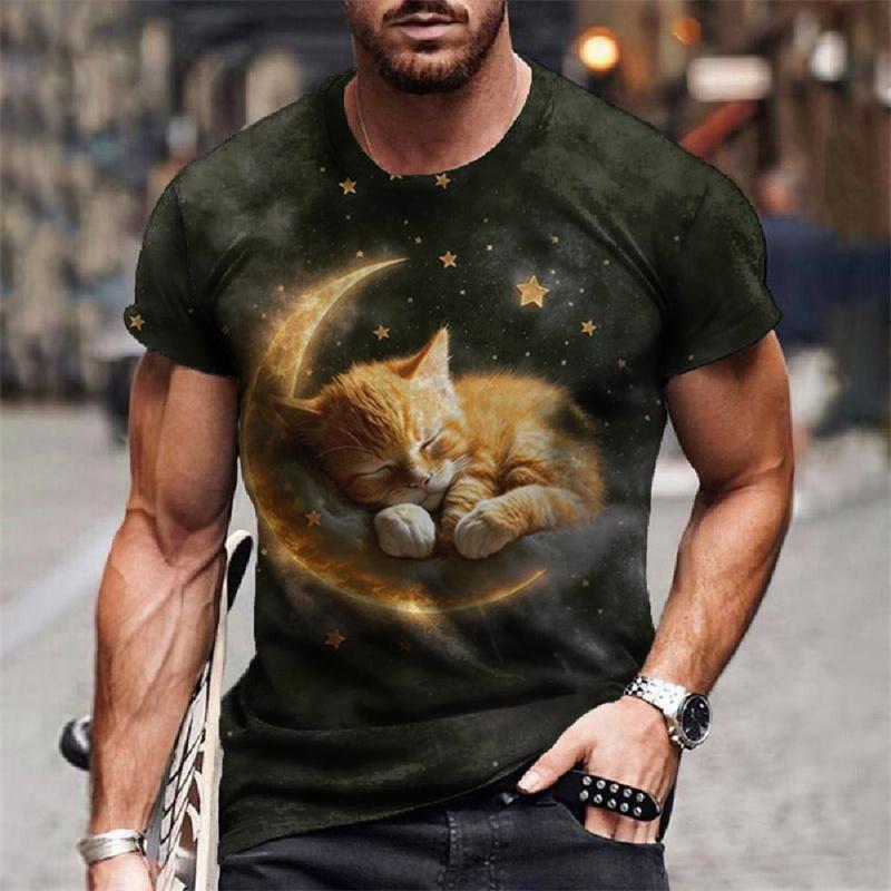 Sternenhimmel Katze Universum Muster Herren T-Shirts Lustiges Tier 3D Druck T-Shirts Sommer Harajuku Kurzarm O-Ausschnitt Oberteile