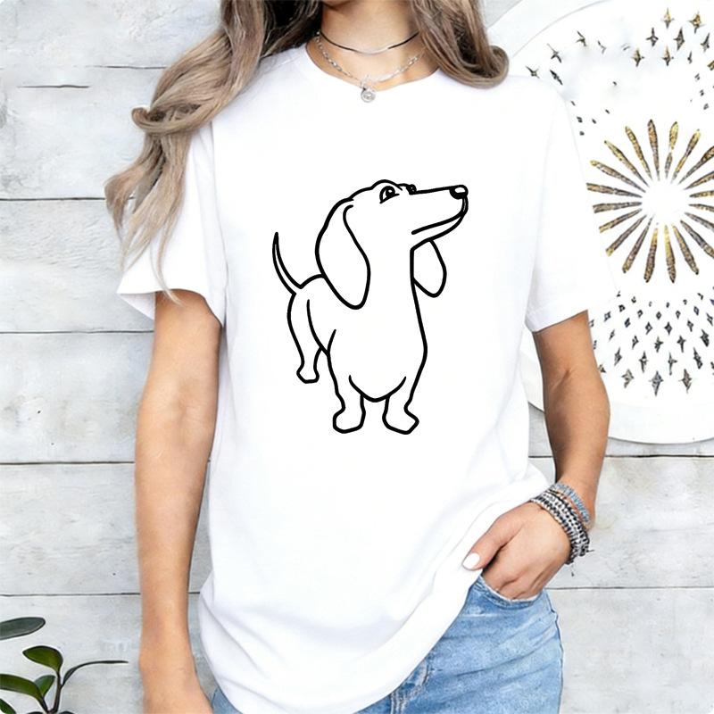 Simplified Line Sausage Dog Print Tshirt Loose Versatile Round Neck Short Sleeve Top Tshirt