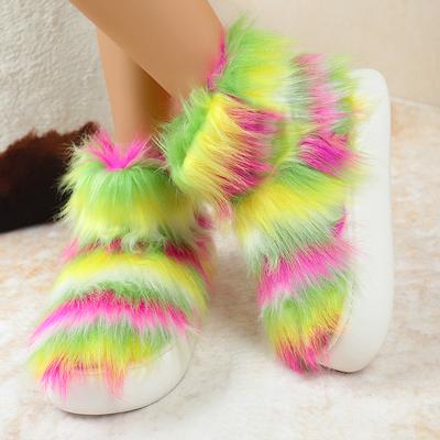 Fashion New Winter Fashion Fluffy Fur Boots Women Contrast Color Plush Warm Snow Boots Woman Anti Slip Thick Sole Cotton Padded Shoes