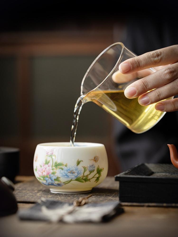 Hand Painted Peony Luohan Ceramic Master Cup Mutton Fat Jade Porcelain Chinese Gongfu Teaware Personal Luxury Gift