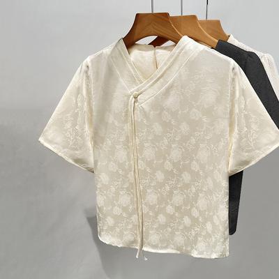 New Chinese V-neck Chiffon Shirt for Women New Women's Thin Satin Short-sleeved Shirt for Old Qian Style National Style Top