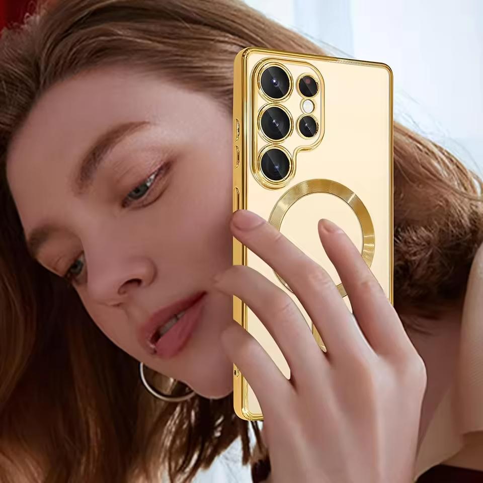 Mocne Magnetyczne Magsafe Przezroczyste Cienkie Etui Dla Samsunga Galaxy S25 S24 S23 S21 FE S22 Ultra Plus Luksusowe Platerowane Silikonowe Miękkie Etui