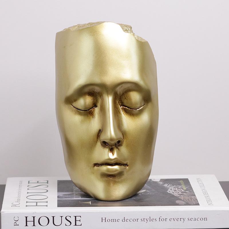 Resin Handicraft Golden Mask Abstract Face Portrait Sculpture Closed Eyes Decorative Figurines Home Decoration Accessories