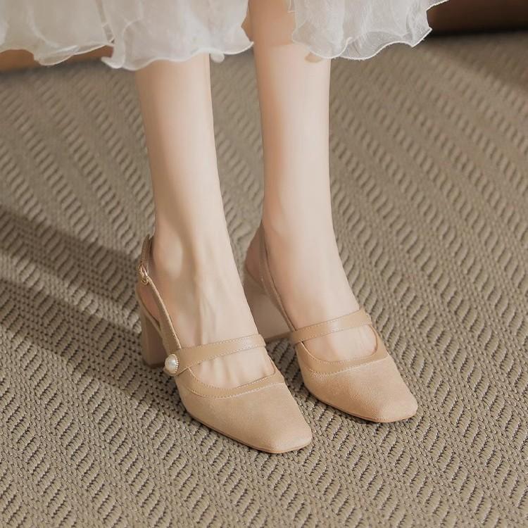 Mode NOUVEAU Cuir de Vache Talons Hauts Épais Printemps Marque Chaussures de Demoiselle Bout Carré Marque Haute Qualité Femmes Escarpins Peu Profonds