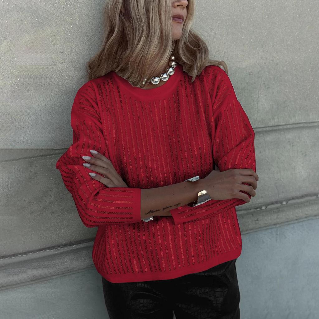 Women's Fashion Sequin Long Sleeved T-Shirt Round Neck Striped Pullover Top