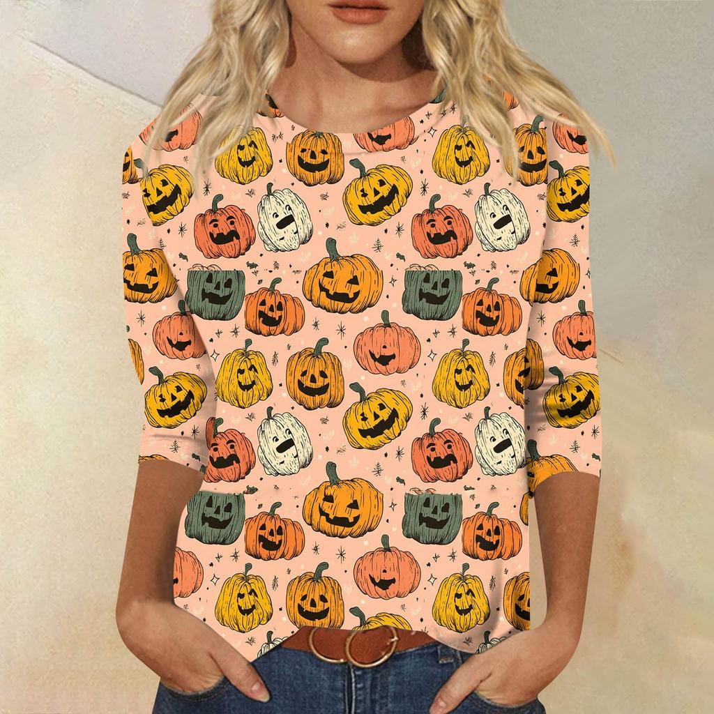 Modieuze casual damestop met driekwartmouwen en Halloweenprint, ronde hals.