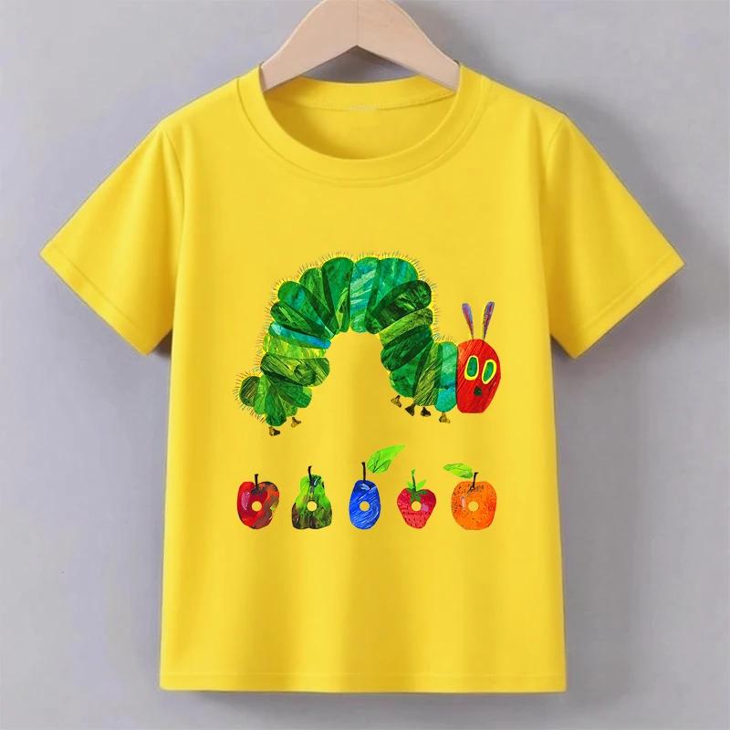 Green Cute Funny Caterpillar Print Tshirts Summer Girls Boys Casual Fashion Tops Kids Crew Neck Short Sleeve Tees