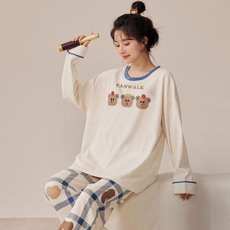 Autumn and Spring Long-Sleeve Women's Home Wear Pants Cartoon Set Pajamas for Ladies