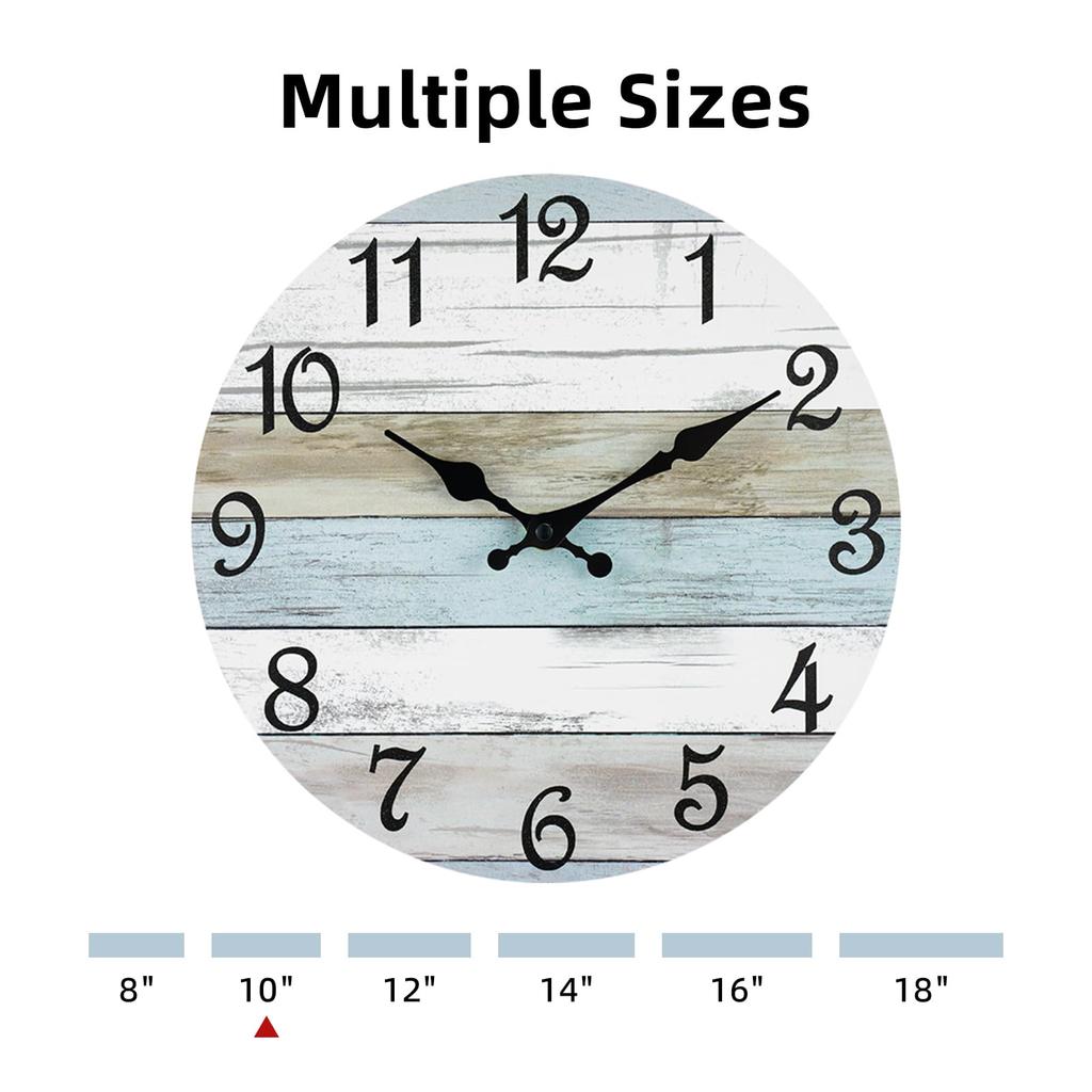 10 Inch Silent Wall Clock Blue Ocean Style Decorative Battery Operated for Living Room Kitchen Bedroom Blue White Wood