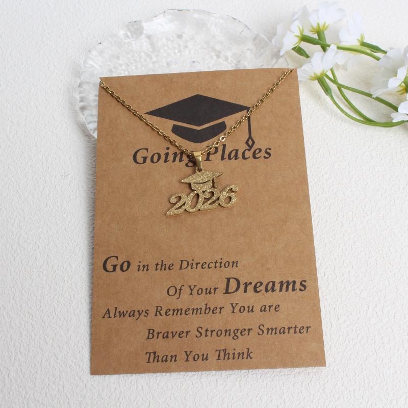 Stainless Steel Matte Golden Mortarboard Featuring Number 2026 Pendant Necklace Women Graduation Memorial Jewelry Gifts