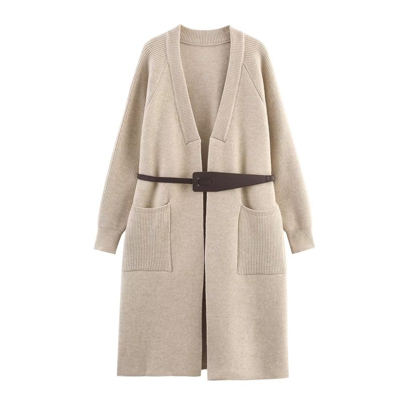 Kaslead New Women Clothes Western Style Fashion Simple Configuration Belt Knitted Coat