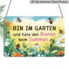2D Flat, 1pc "Listening To Bees Buzzing in The Garden" Aluminium Sign 8x12 Inch - German Garden Quote, Watercolor Bee & Floral Design, Whimsical