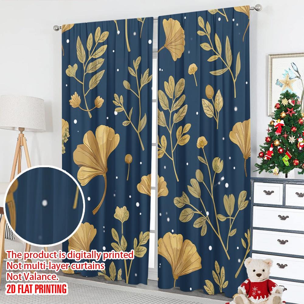 Flat Printing Curtains Golden Ginkgo Leaves Digital Printed Polyester Drapes Festive Holiday Bedroom Window Curtain Set Of 2 Made Washable Ready