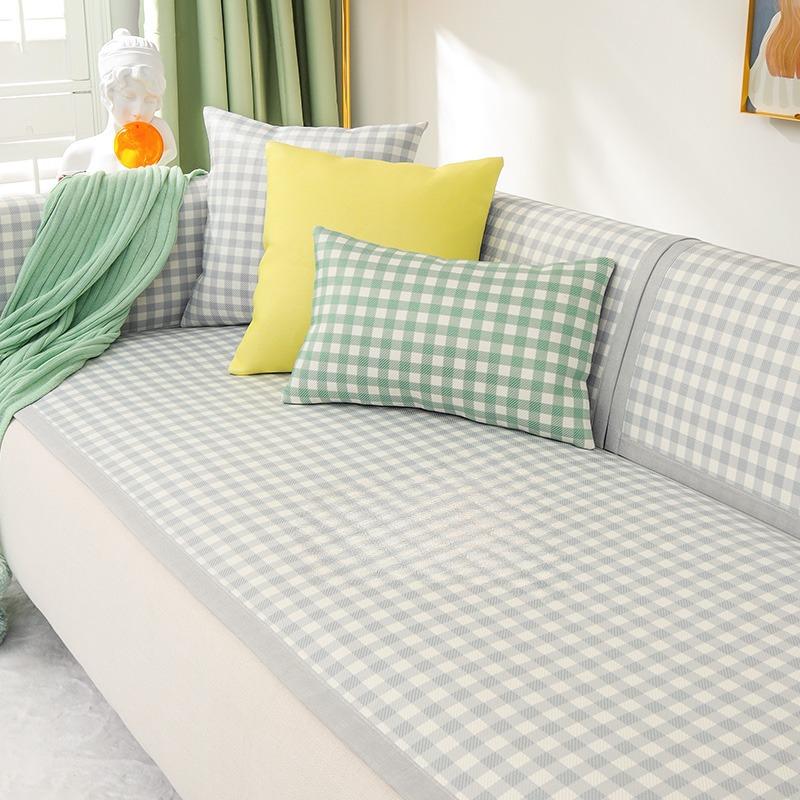 Fresh Plaid Summer Ice Silk Rattan Sofa Seat Cushion for Summer Summer Universal Non-Slip Cover Cloth