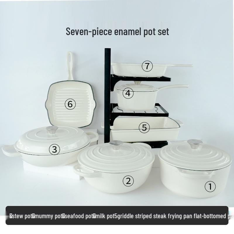 Seven-Piece Cast Iron Enamel Cookware Set: Includes Frying Pan, Flat-Bottom Pot, Stew Pot, Seafood Pot, and Mommy Pot