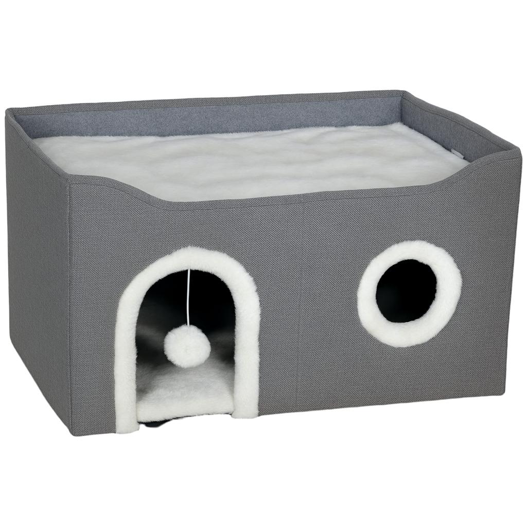 Foldable Indoor Cat House with Scratching Post, Elevated Bed, 60 x 40 x 34 cm, Grey