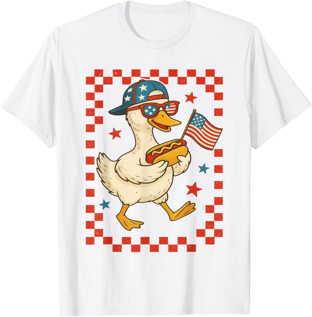 Patriotic Duck with Hot Dog and Flag Funny 4th of July USA T-Shirt Mens Womens Tees Top