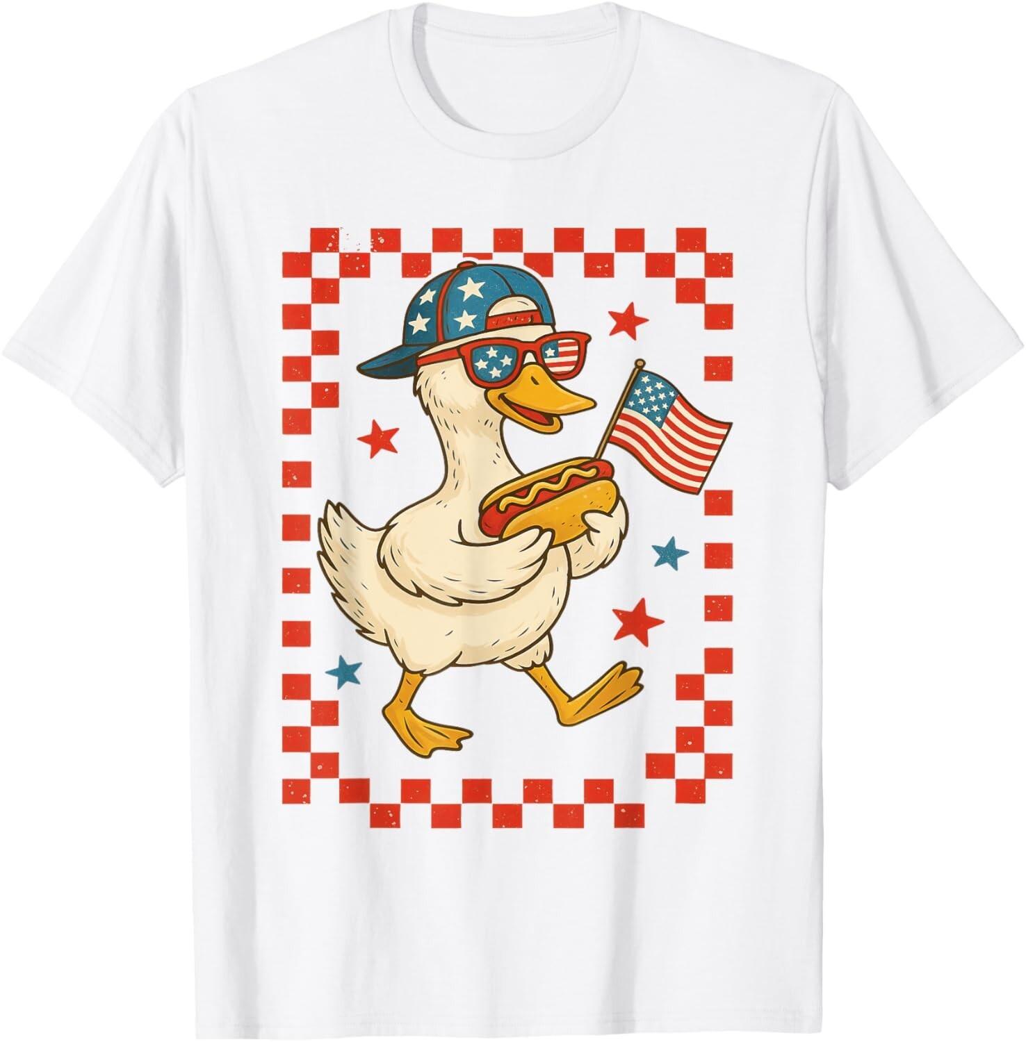 Patriotic Duck with Hot Dog and Flag Funny 4th of July USA T-Shirt Mens Womens Tees Top S