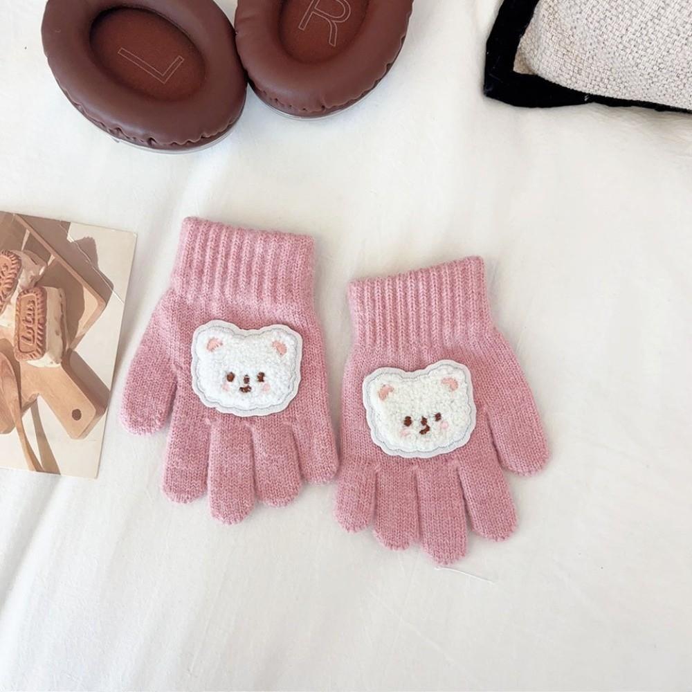 Full Finger Design Warm Gloves Knitted Material Cartoon Bear Gloves Warm Knitted Mittens For Girls