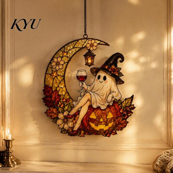 Acessórios Divertidos para Pátio 2D Lua Fantasma Abóbora Vitral Acrílico, Ornamento Pendurado para Janela de Halloween Exterior de Fazenda, Outono Ação de Graças