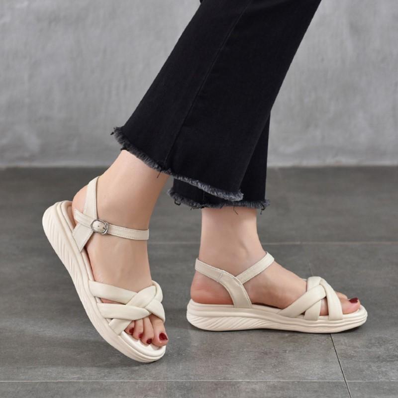 Johnature Casual Versatile Sheepskin Sandals Peep Toe Soft Soled Genuine Leather Flat Women's Shoes