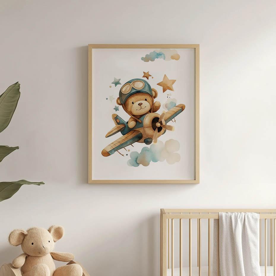 Plakat Latający Miś Pilot Plakat Latający Miś Pilot, 70X100 Cm, Rama Aluminiowa Czarna, Papier Matowy 230 Gsm