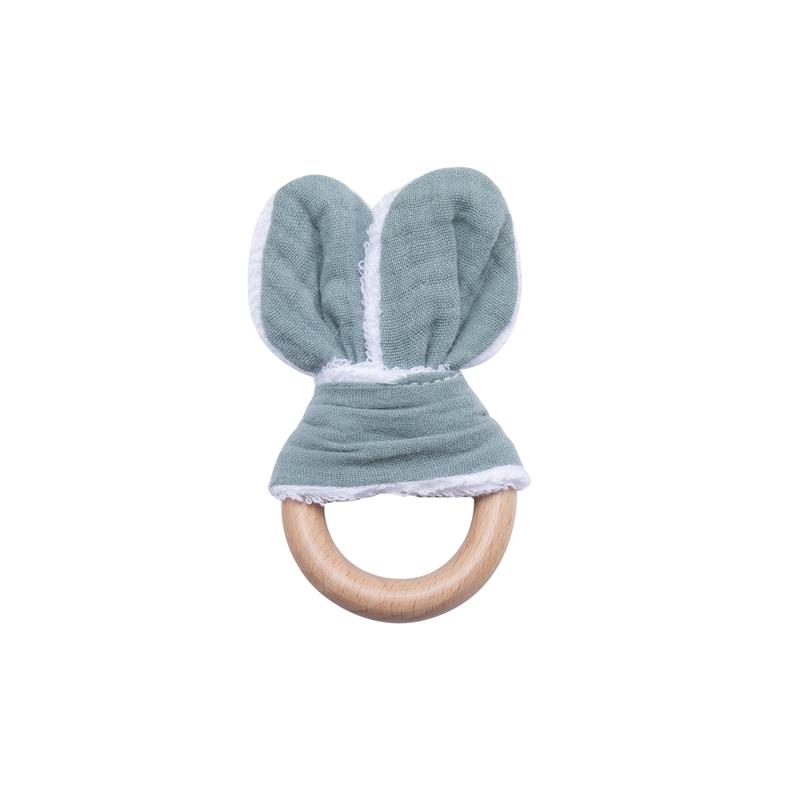 100% Cotton Baby Bunny Ear Teether Rabbit Beech Wooden Rattle Teether Safe Organic Wooden Ring Nursing Training Teethers Toy