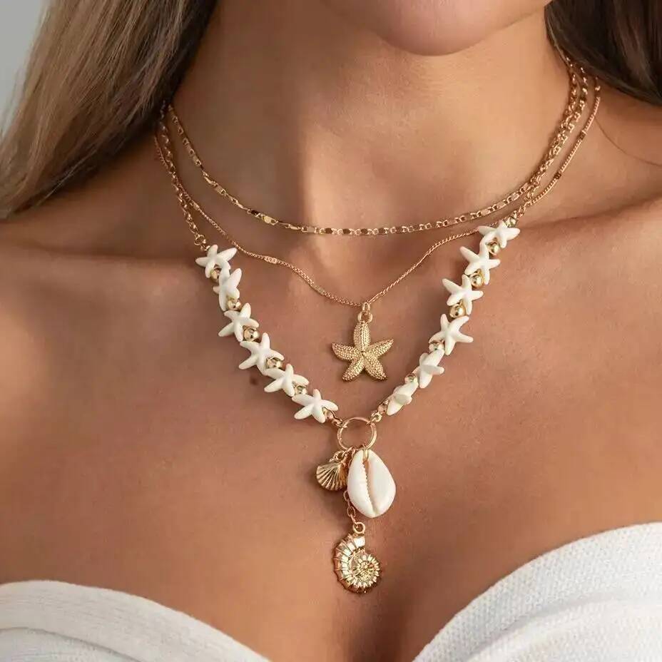 Salircon 3Pcs/Set Boho Gold Color Starfish Scallop Conch Pendant Necklace New Summer Beach Adjustable Metal Choker Charm Jewelry