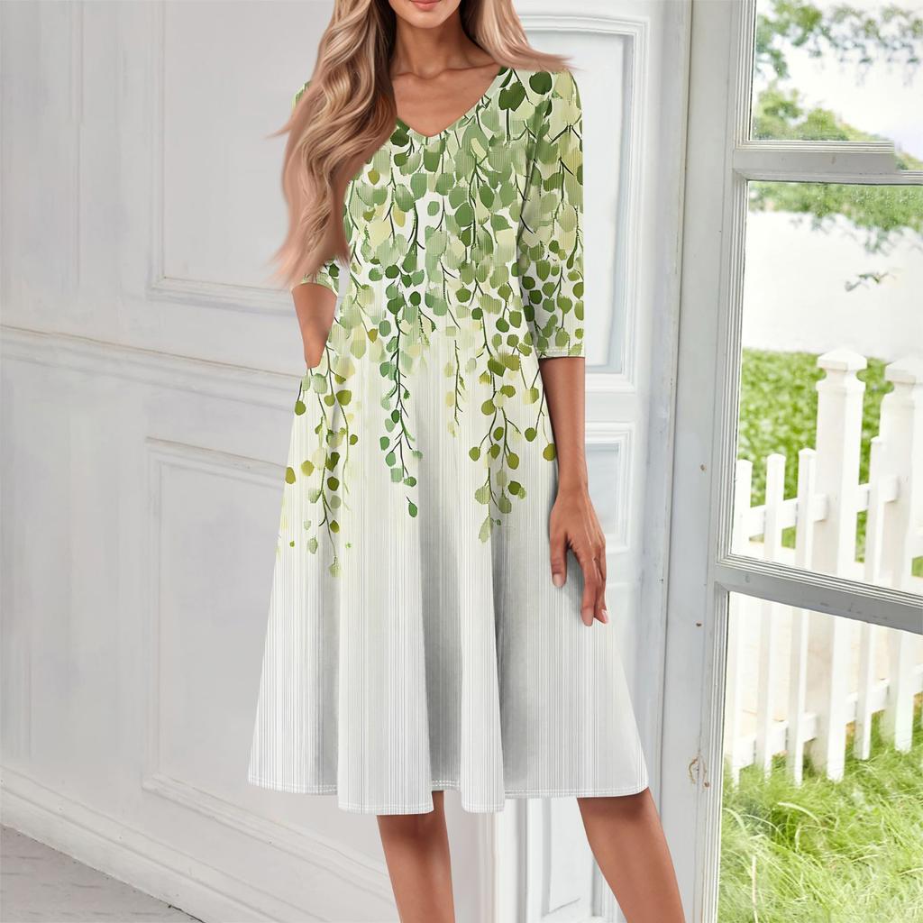 Women's Casual Fashion V Neck Three Quarter Sleeve Print Midi Dress